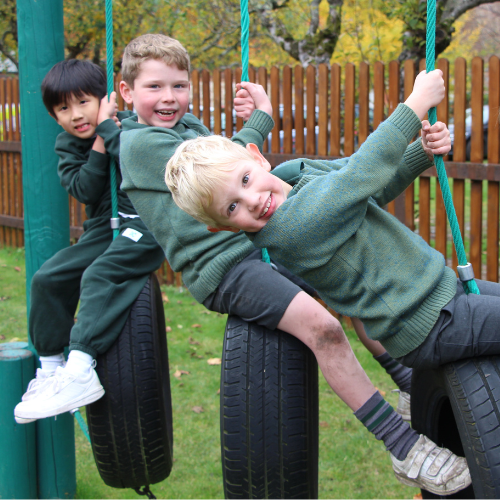 Boys playing on the playground rope swings