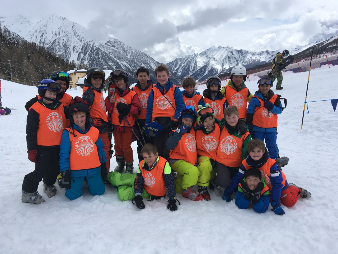 Ski trip in mountains, group of Pilgrims'